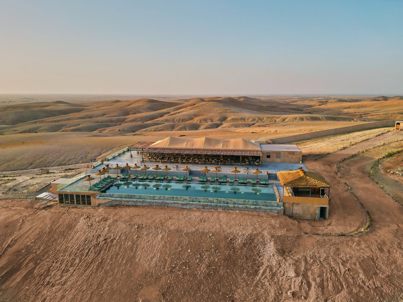 Luxury tents on the open plateau of the Agafay Desert near Marrakech